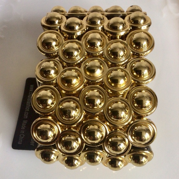 Gold Textured Cuff Stretch Bracelet with Spherical Beads - Picture 4 of 4